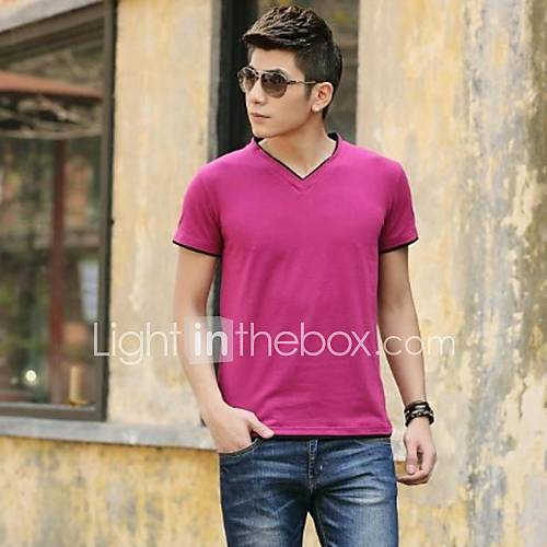 Mens New Summer V Neck Faux Two Pieces Short Sleeve T Shirt