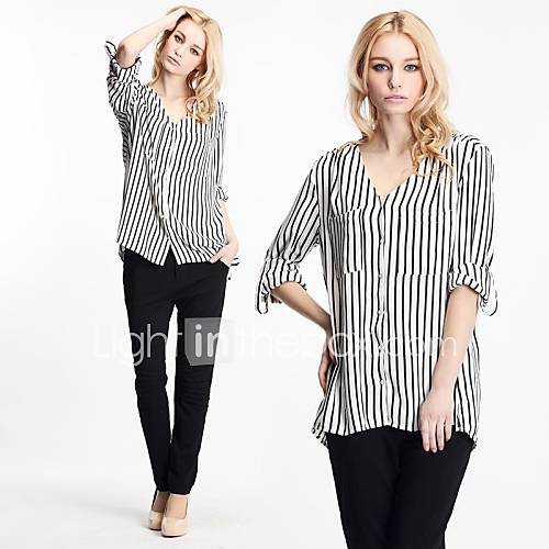 Womens V Collar Stripe Chiffon Shirt