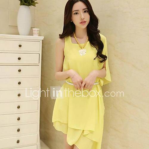 Womens Asymmetrical Collar Sleeveless Chiffon Mini Dress