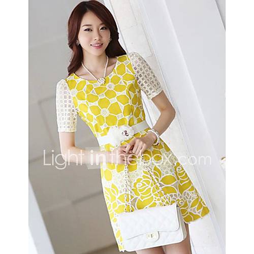 Jingpin Round Neck Hook Flower Dress (Yellow)