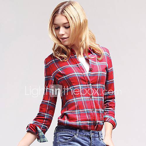 Veri Gude Womens Check 100% Cotton Bodycon Long Sleeve All Match Red Shirt