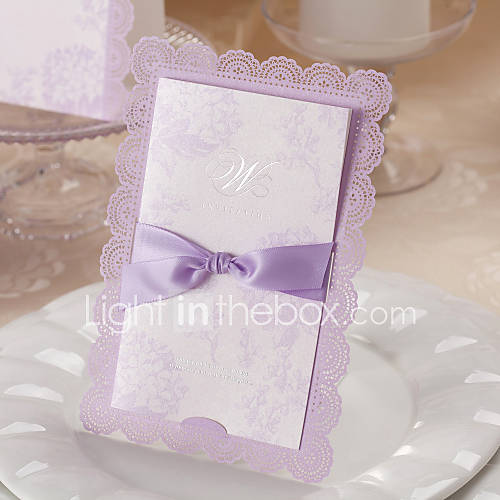 Romantic Lilac Wedding Invitation with Bow   Set of 50