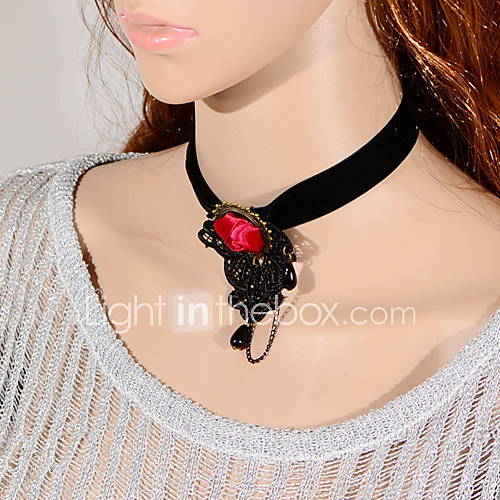 OMUTO Red Flowers Fashion Simple Lace Necklace (Black)