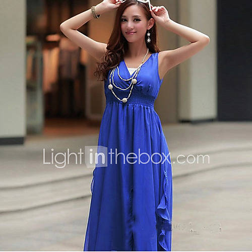 Loongzy Womens Bohemian Chiffon Solid Color Sleeveless Blue Dress