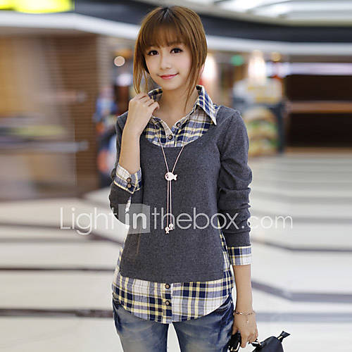 Loongzy Womens Korean Two Piece Like Check Long Sleeve Gray Shirt