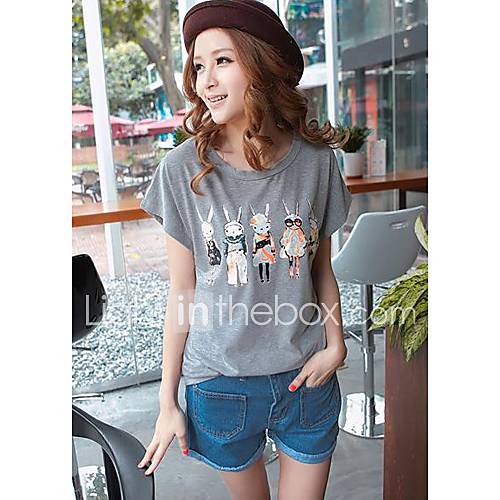 Liuliu Womens Sweet Round Neck Cartoon Pattern Casual Cotton T Shirt