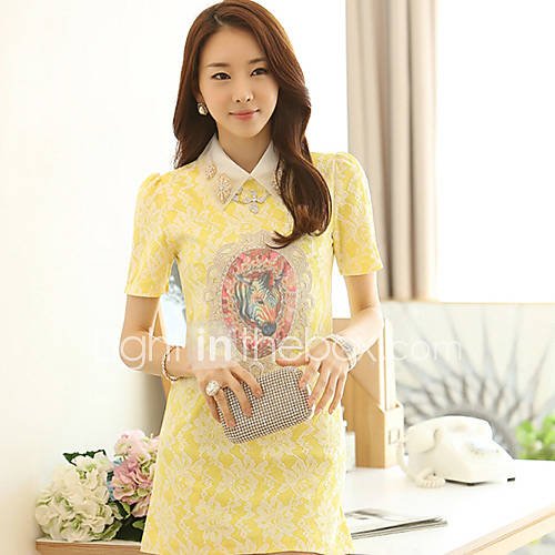 Hanpai Womens Lapel Neck Yellow Floral Print Sheath Bodycon Dress