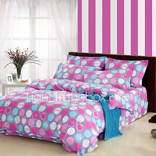 Duvet Cover Set,4 Piece Reactive Print 100% Cotton Modern Heart Bubble Pink Light Blue