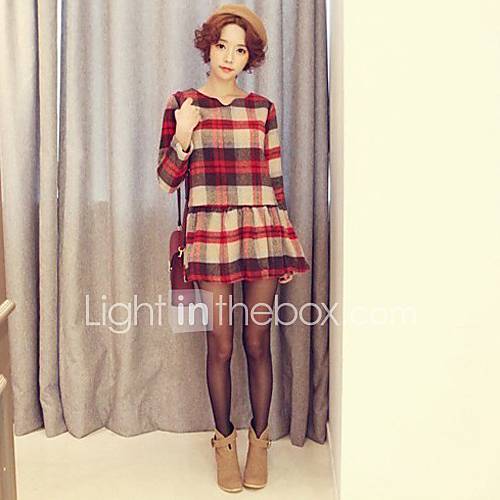 Womens Korean Style Check Lining Slim Perfect Match Woolen Dress