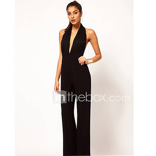 Nishang Sexy Plastic Sense Lace Stitching Sleeveless Backless Hanging Neck Jumpsuits(Black)