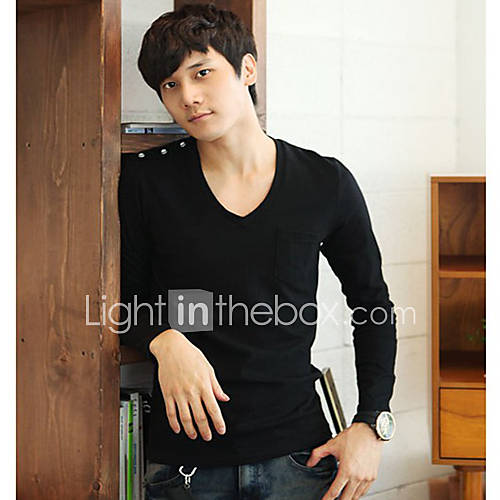 HKWB Casual Slim Cotton V Neck Long Sleeve T Shirt(Black)