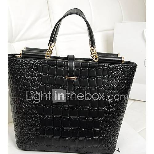 NPSJ Womens Leisure Black Patterned Metal Chain Leather Portable Tote 04 3