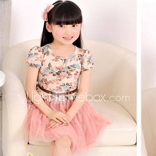 Girls Round Collar Floral Print Short Sleeve Dress