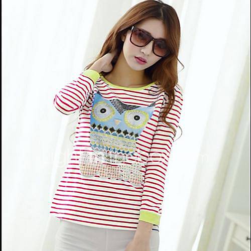 Womens Owl Quarter Sleeves Striped Printing T shirt