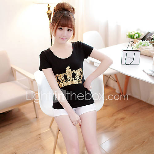 E Shop 2014 Summer Korean Maxi Crown Print Slim Short Sleeve T Shirt (Black)