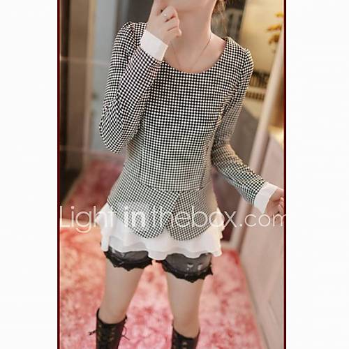 Womens Korean Style Check Pattern Lace Stitching Long Sleeve Shirt (Random Pattern)