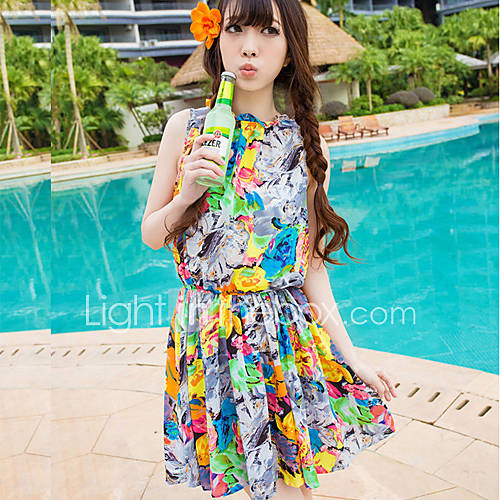 LCL Casual Bohemia Vintage Stand Collar Dress(Screen Color)