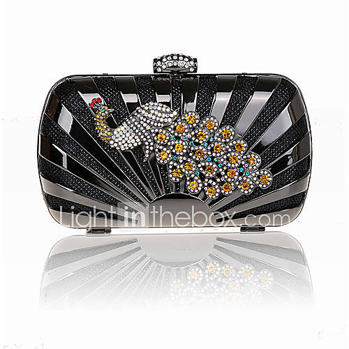 Jiminy Womens Top Grade Diamonade Peacock Evening Clutch Bag(Black)