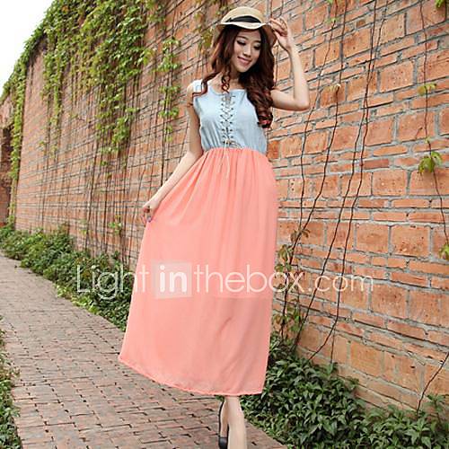 Womens Round Colloar Lacing Contrast Color Ankle Length Dress