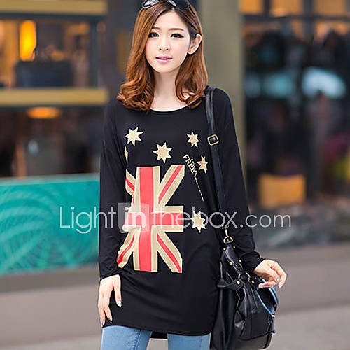 Uplook Womens Casual Round Neck Black The Union Flag Pattern Loose Fit Batwing Long Sleeve T Shirt 303#
