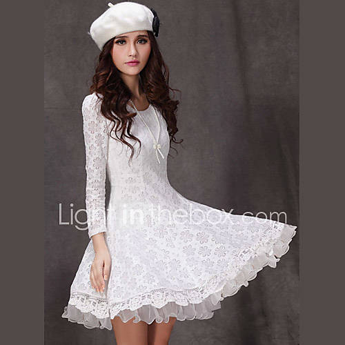 Loongzy Womens Korean Bodycon Thin Lace Long Sleeve White Dress