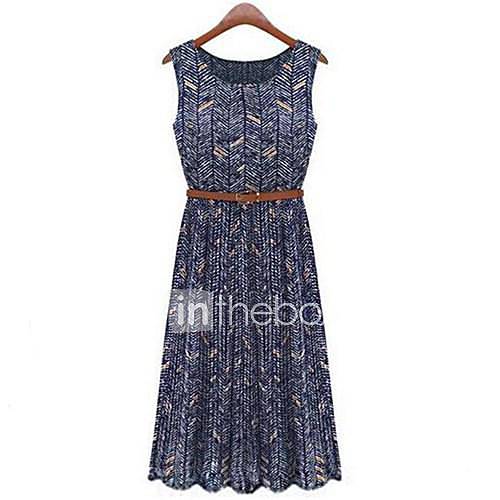 Womens Summer Beach Sleeveless Elastic Waist Midi Dress(Belt Included)