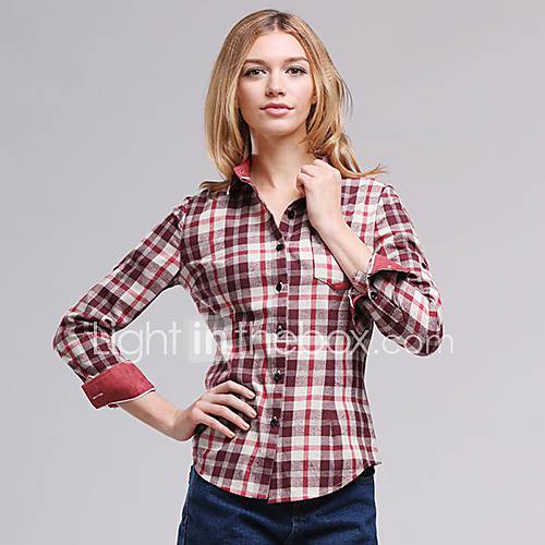 Veri Gude Womens New Product Bodycon 100% Cotton Check Long Sleeve Dark Red Shirt