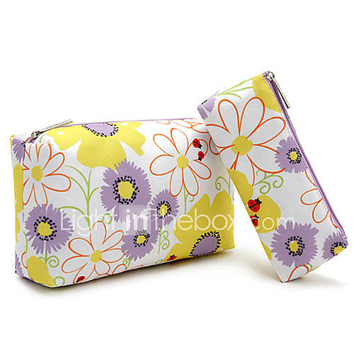 2PCS YellowWhite Fresh Flower Pattern Make up/Cosmetics Bag Set Cosmetics Storage