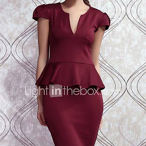 Womens Noble V neck Midi Peplum Dress Claret