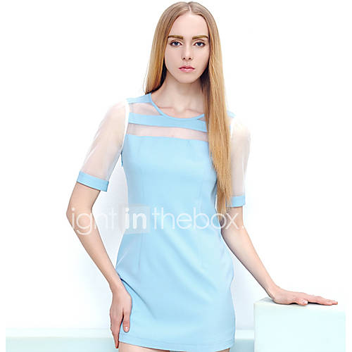 Hanpai Womens Round Neck Mesh Light Blue Sheath Dress