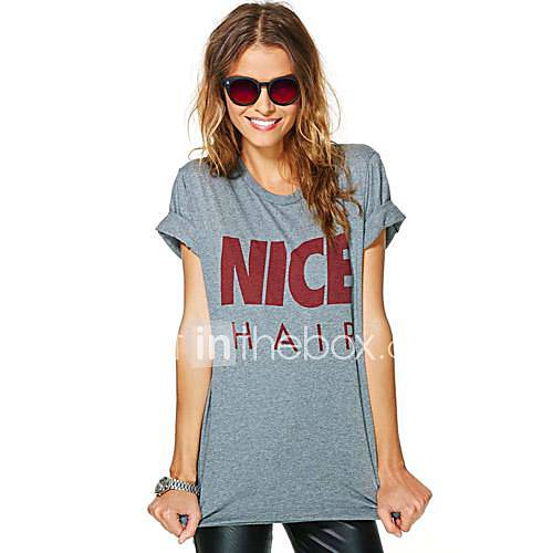 Womens O neck Letter Print Casual Style Short Sleeve Gray Regular T shirts