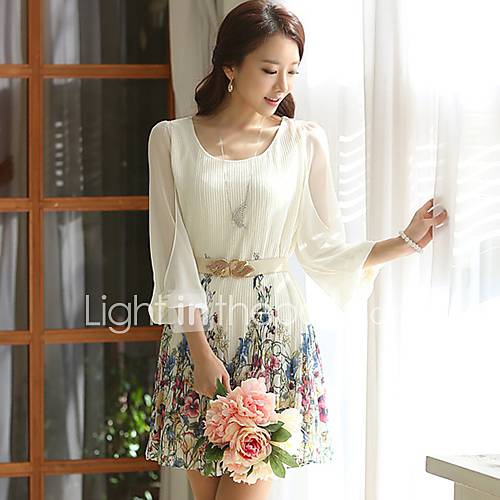 Jingpin High Waist Chiffon Floral Hem Dress (White)