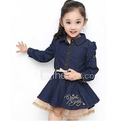 Girls Shirt Collar Bow Denim with Lace Edges Puff Sleeve Dress Belt Included
