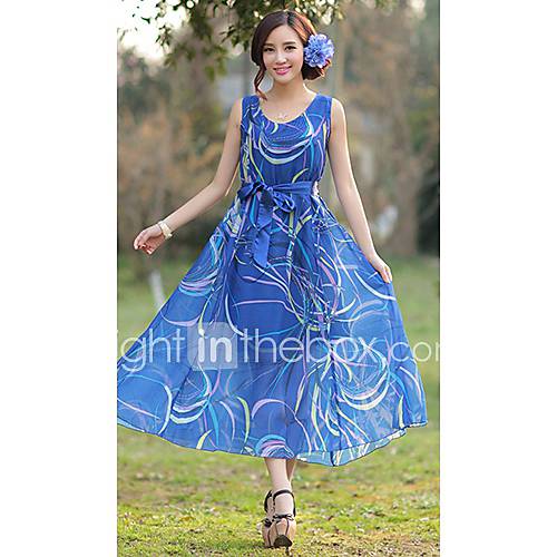 Jingpin Round Neck Sleeveless Temperament Dress (Blue)