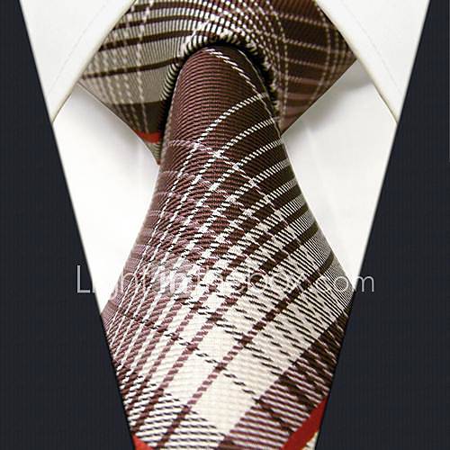 Mens Business Silk Check Pattern Brown Necktie