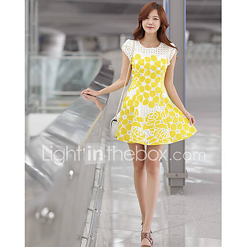 SNY Womens Fashion Yellow A Line Floral Print Dress