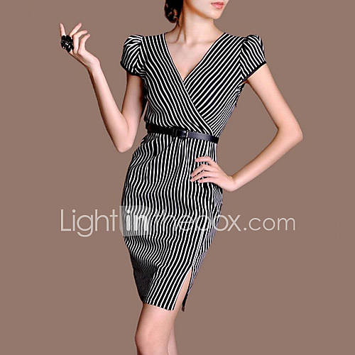 Lifver Womens Vintage V Neck Stripe Print Split Swing Black Dress