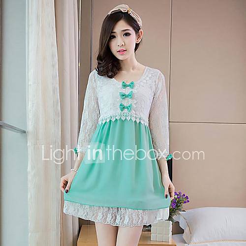 Womens Chiffon Contrast Color 3/4 Length Mini Dress With Bow