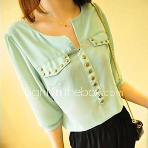 Womens V Neck Rivet Loose Chiffon Blouse