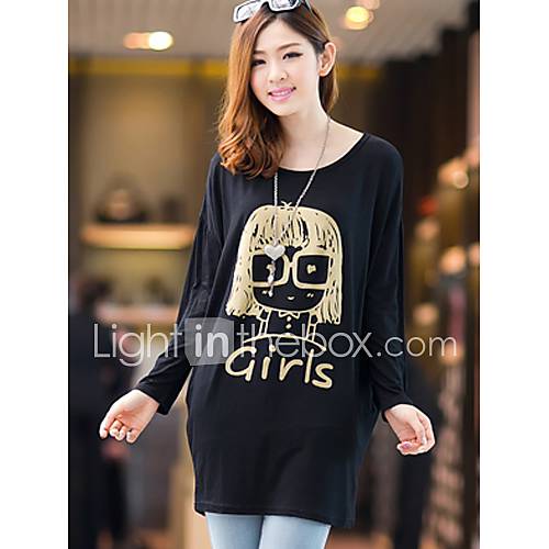 Uplook Womens Casual Round Neck Black Cartoon Pattern Loose Fit Batwing Long Sleeve T Shirt 322#