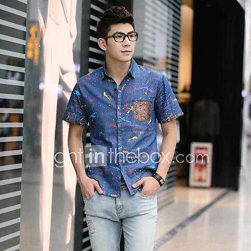 Mens Summer Lapel Metrosexual Splashed Paint Printing Short Sleeve Shirt