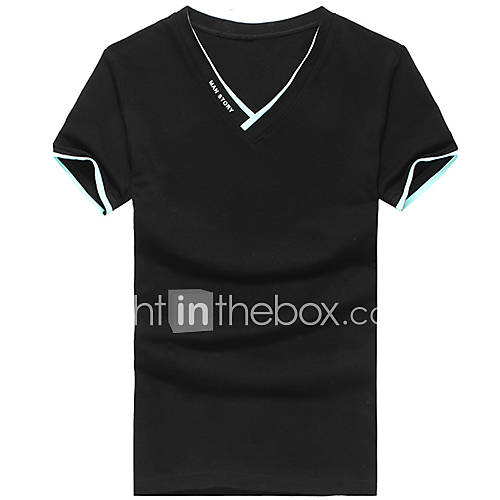 ARW Mens Leisure Solid Color Short Sleeve V Neck Black Shirt