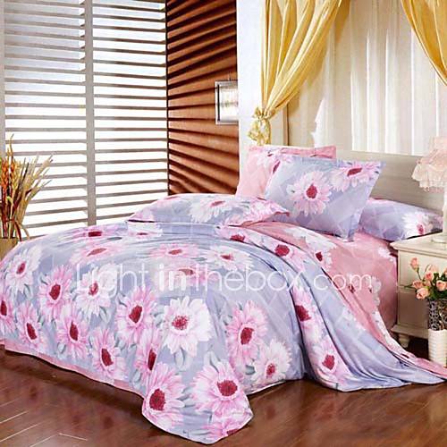 Duvet Cover Set,4 Piece Reactive Print 100% Cotton Country Floral Sun Flower Pink