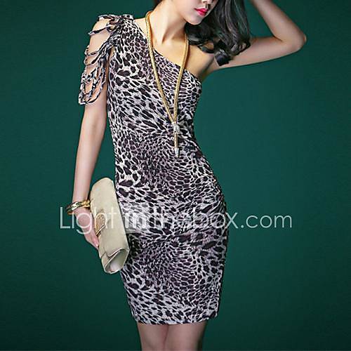 Womens Sexy Tassels Leopard Slim Shoulder Bodycon Dress