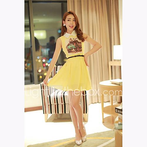 Womens Cultivate Ones Morality Show Thin Yellow Lovely Temperament Chiffon Dress