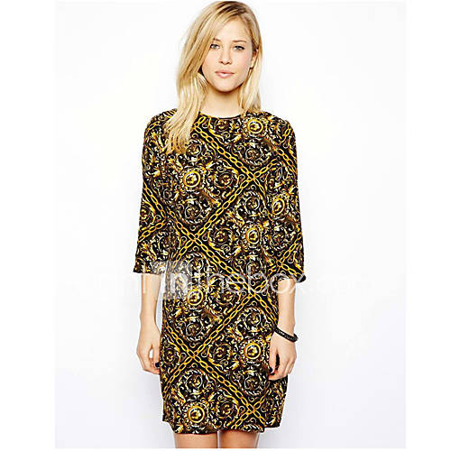 Calary Womens Vintage Link Print Brown Dress