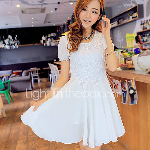 Newcomerland Chiffon Lace Sweet Princess Female Short Sleeve Stitching Slim Dress(White)