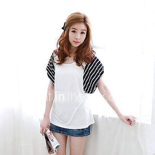 Womens Round Collar Stripe Splicing Cotton Shirt and T Shirt