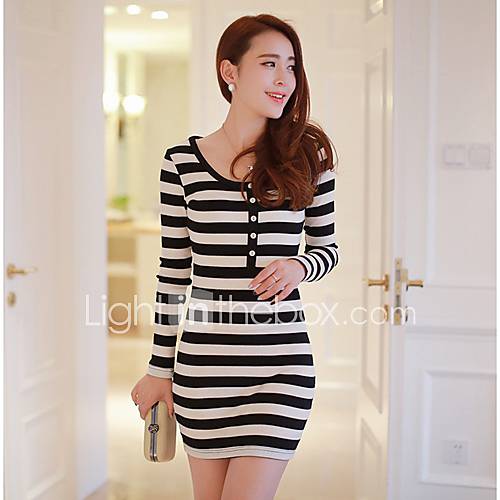 Womens Spring Korean Style Temperament Slim Stripes Base Dress