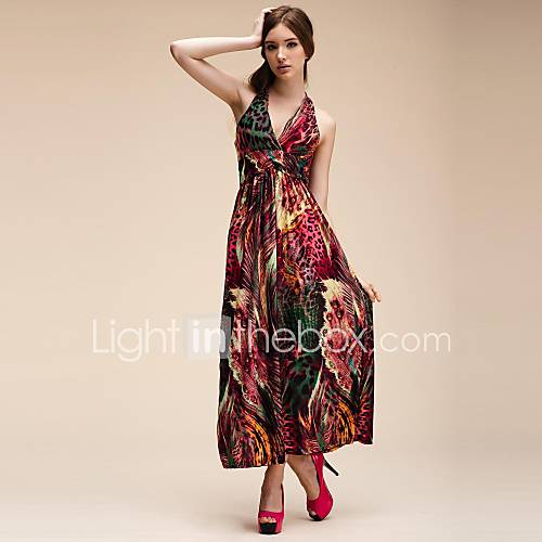 Womens V Neck Bohemia Printed Maxi Beach Dress